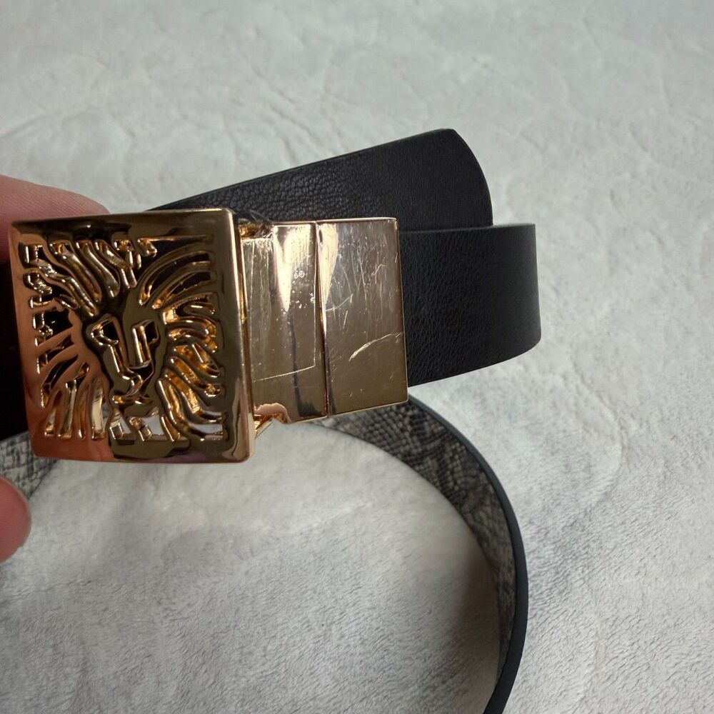 Vintage Anne Klein‎ Gold Lion Head Logo Buckle Reversible Snake Skin Belt 29-35" - Picture 3 of 12